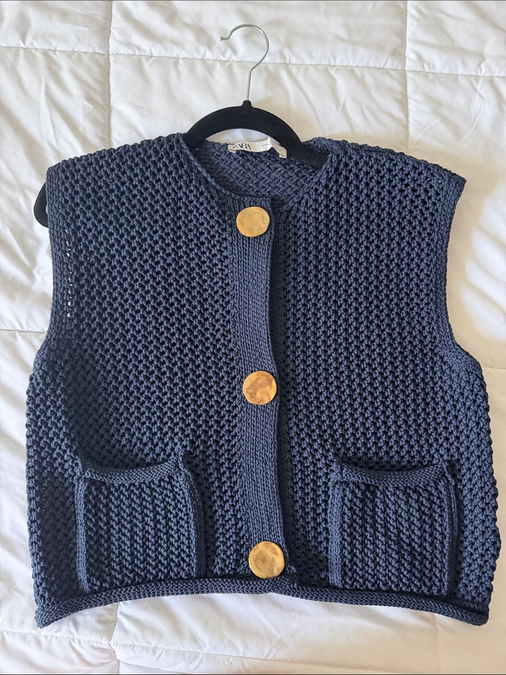 Zara Navy Blue Knit Button Vest with Gold Buttons
